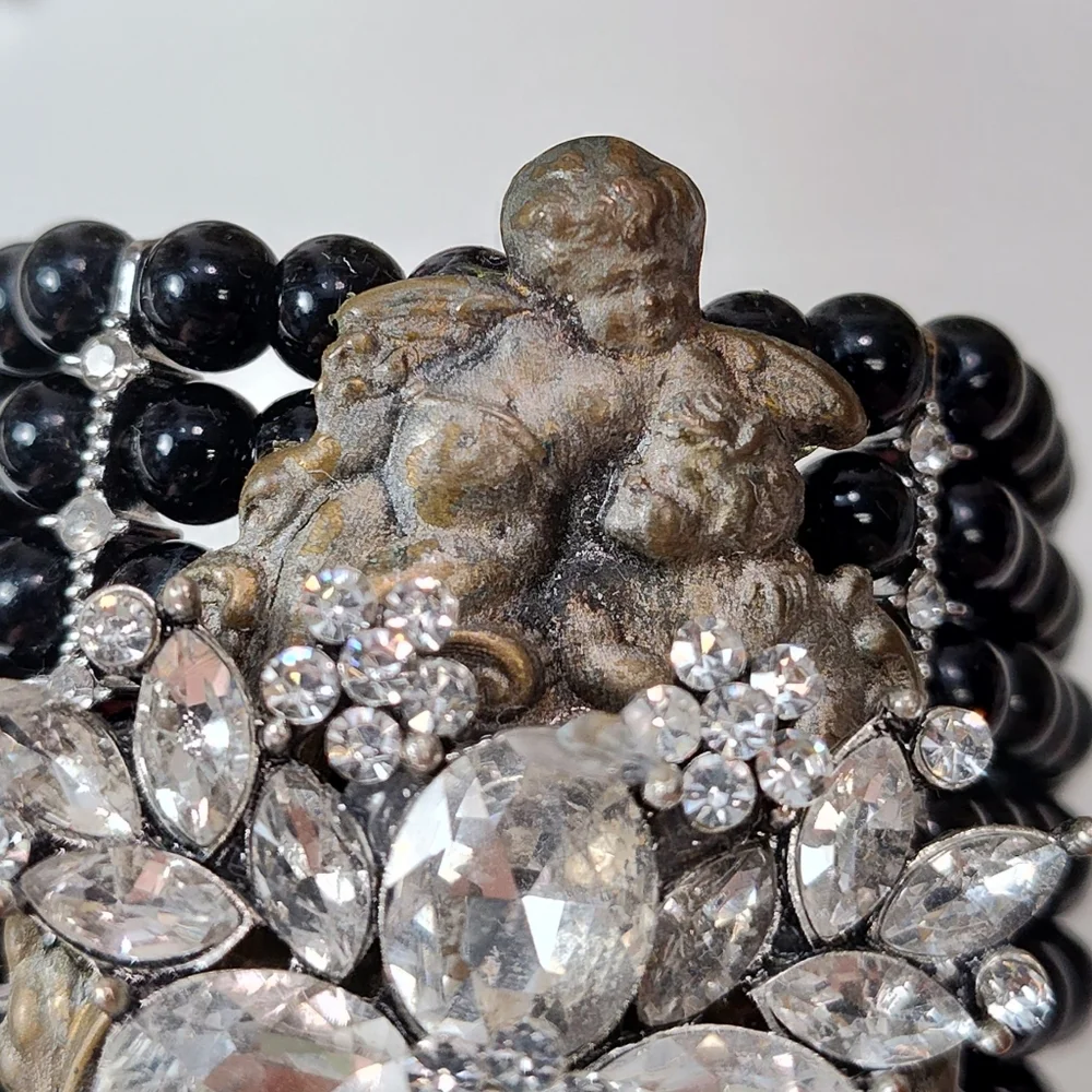 Upcycled Hand Crafted Extra Wide Black Bead Rhinestone Brass Cherub Bracelet - Picture 4 of 13